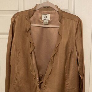 Vintage Ice 100% Silk Gold Ruffled Cardigan Blouse XL